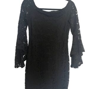 Black Lace Karen Kane Off shoulder 3/4 bell sleeves evening party dress size S